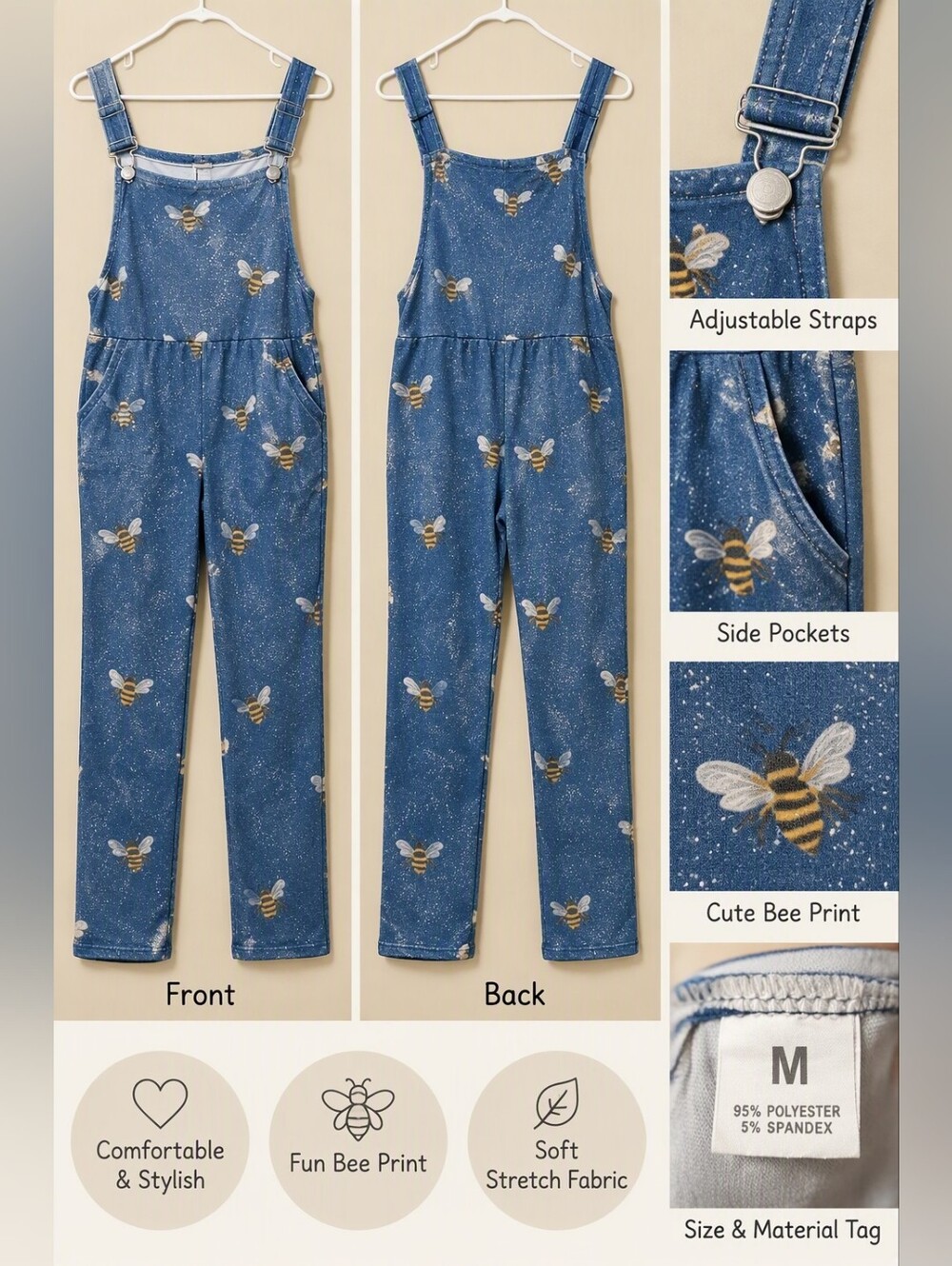 Bee Print Dungaree Overalls Jumpsuit Size Medium Blue Stretch Casual Romper